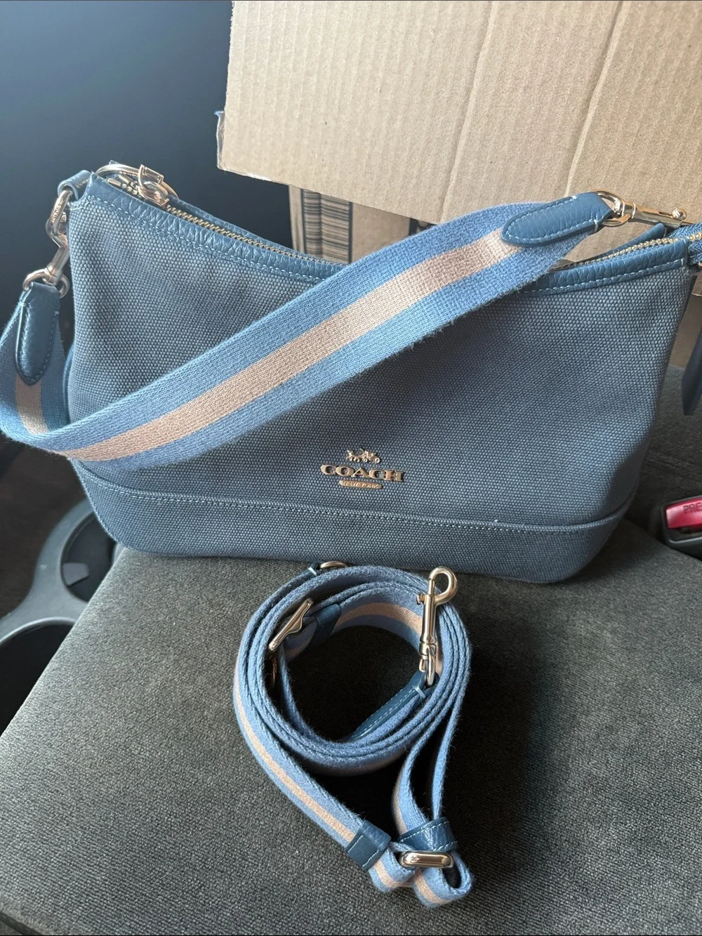 Coach Blue Canvas Crossbody with Stripe Strap - Gold Hardware
